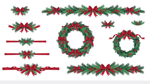 Christmas wreath and garland vector set with fir branches and red bows