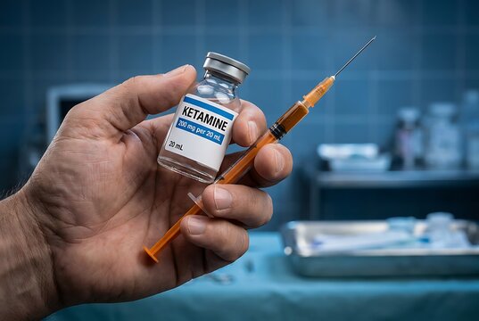 Doctor holds vial labeled ketamine and syringe with yellow liquid preparing medical injection for patient in sterile operating room with blue tiled walls and medical equipment in background.