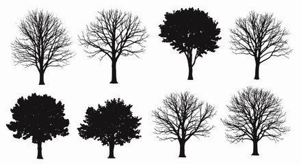 Obraz premium Set of eight black tree silhouettes featuring diverse forms such as leafless deciduous winter branches and lush full foliage canopies isolated on a solid white background.