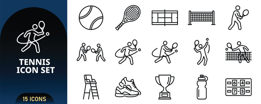 Tennis Line Icon Set with Ball Racket Court Net Player Serving Forehand Umpire Chair Shoes Trophy Water Bottle and Scoreboard Outline Vector Icons