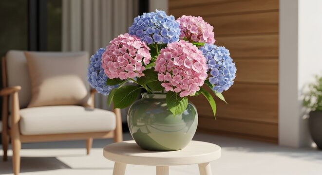 Pink and blue hydrangeas in a vase on a table.
