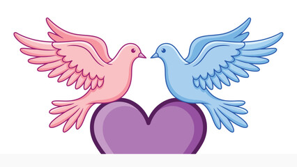 Fototapeta premium Cute cartoon love birds flying over heart vector illustration
