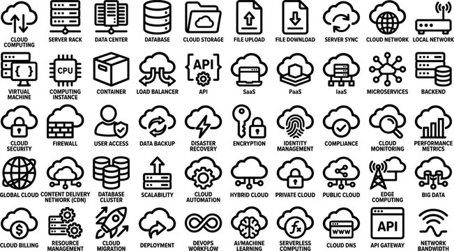 Cloud computing data center and DevOps infrastructure outline icon set featuring server storage network security technology and database vector symbols