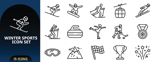 Winter Sports Line Icon Set with Skiing Snowboarding Cable Car Biathlon Curling Ice Skating Hockey Medal Goggles Mountain Outline Vector Icons Pack © JK