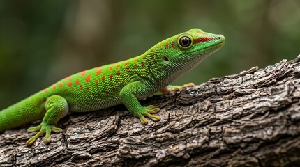 Fototapeta premium Bright green gecko with orange spots sitting on rough tree bark captured in macro photography for wildlife and environmental projects