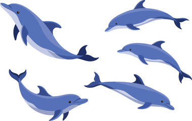 Naklejka premium Cute dolphin cartoon vector set with blue marine animals swimming