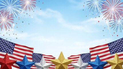 Obraz premium American flags stars and fireworks background festive holiday celebration for Fourth July Independence Day patriotic concept blue sky.