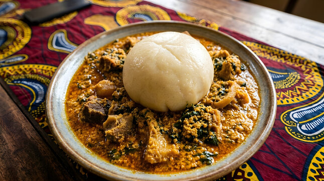 Spicy fufu dish with beef soup from Africa served on a plate above a table cloth mat on wooden table background. Perfect for ethnic meal ideas 