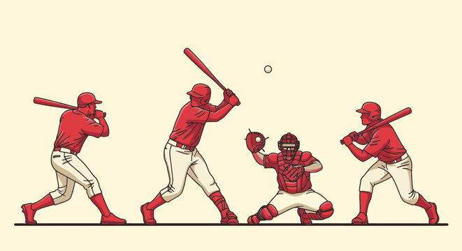 Vector illustration of four baseball players including three batters and one catcher in red and white uniforms, depicted in various athletic poses on a minimalist light background.