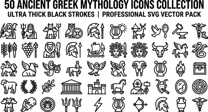 Ancient Greek mythology line icon set featuring Olympian gods legendary creatures monsters temple history and classic antique vector elements