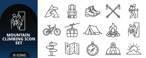 Mountain Climbing Line Icon Set with Peak Backpack Hiking Boots Trekking Poles Hiker Bicycle Cable Car Tent Campfire Climber Map Vector Icons Pack © JK