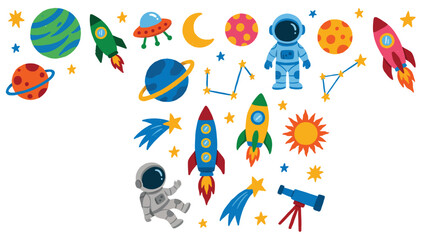 Cute space cartoon vector set with astronauts rockets and planets © SOHAG