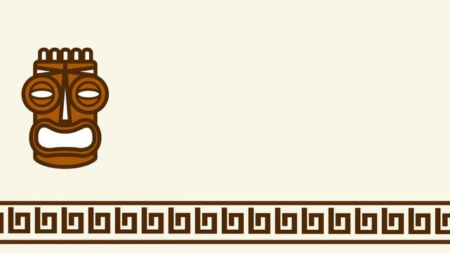 A small tiki warrior figure stands in front of a long decorative patterned wall border in a tribal scene