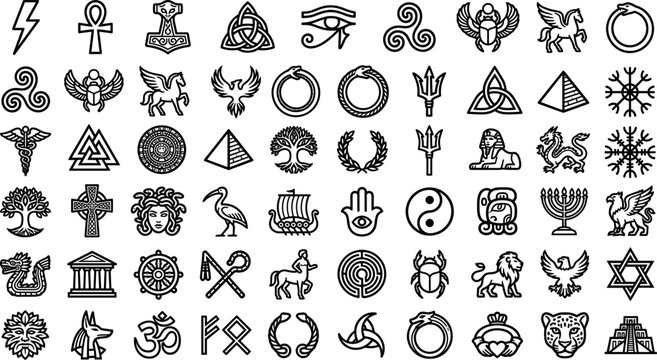 Ancient mythology symbols and cultural heritage line icons set featuring mystical occult sacred geometric spiritual outline vector elements