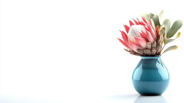 Pink king protea flower arranged in a glossy blue ceramic vase on a clean white background with generous copy space. Minimal floral composition for branding, greeting cards, wedding and interior decor