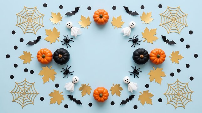 Halloween decorations with pumpkins ghosts bats spiders and leaves on blue background