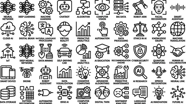Artificial intelligence and machine learning line icon set featuring neural networks computer science tech automation data analytics and future technology vector elements