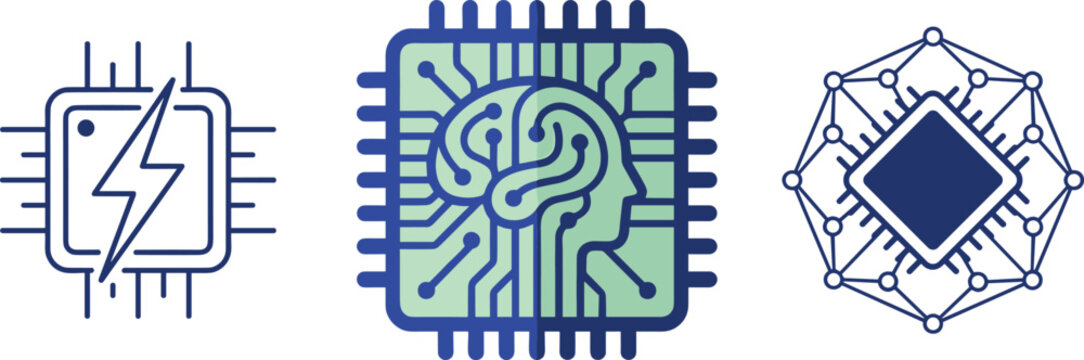 Artificial intelligence and computer processor microchip icon vector set featuring lightning bolt power symbol circuit brain profile and geometric neural network node design on white background