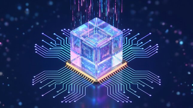 Futuristic glowing cube made of microchip and circuits with data streams flowing upwards against dark blue background abstract technology concept.