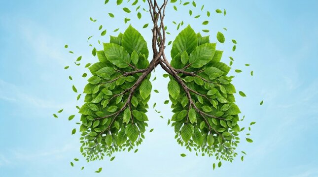 Healthy Lung Concept: Green Leaves Forming Shape lungs made of symbolizing breathing
