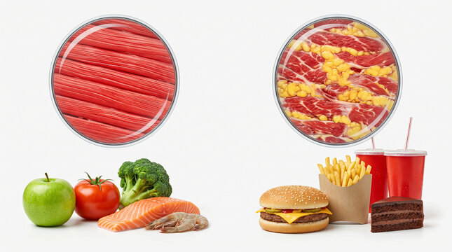 Microscopic muscle fiber comparison showcasing lean tissue versus marbled fat deposits against healthy whole foods and processed high calorie snacks.