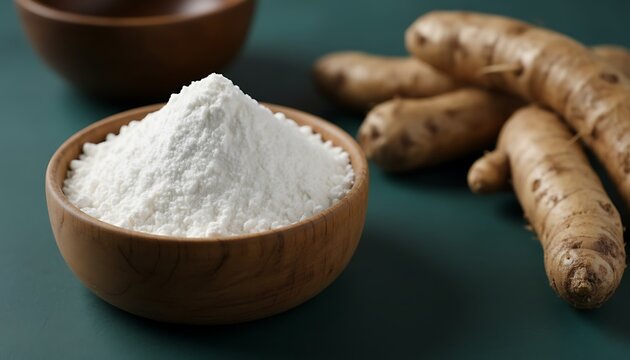 White cassava flour in a small wooden bowl with raw yucca roots blurred in background