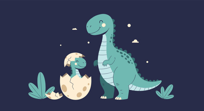 Large friendly green dinosaur watches over its small baby hatching from a brown spotted egg under a dark night sky filled with distant stars.