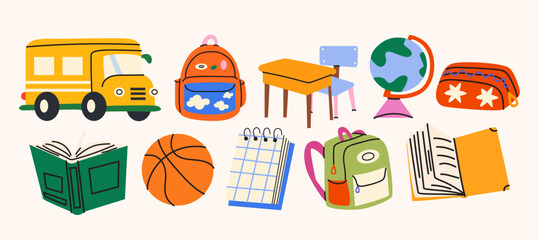 Back to school educational elements set in cartoon doodle style. School bus, backpack and stationery vector illustration for stickers, banners, flyers and kids' education materials © luamor