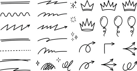 Hand drawn underline arrow crown balloon doodle line icon set © ARIFUL