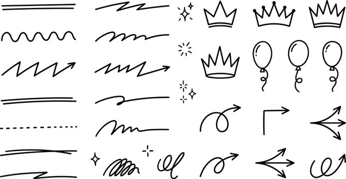 Hand drawn underline arrow crown balloon doodle line icon set