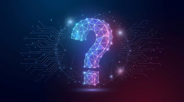 Glowing mesh question mark icon centered on dark background featuring intricate circuit board patterns and data nodes representing digital uncertainty or sophisticated information.