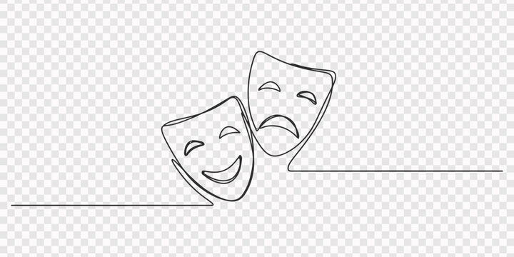 two theatrical masks  continuous one line drawing, Continuous one line drawing two theater masks. Smiling and angry. On a theatrical stage full of drama. Playing a role to entertain. World Theatre Day