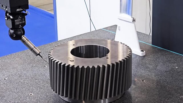 Coordinate Measuring Machine CMM Probe Inspecting Precision Metal Gear in Quality Control Laboratory