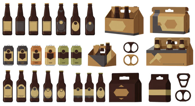 Systematic collection of flat vector icons and silhouettes detailing diverse beer packaging (bottles, cans, carriers, yokes) with minimalist labels, color-blocked on white background. Concept for