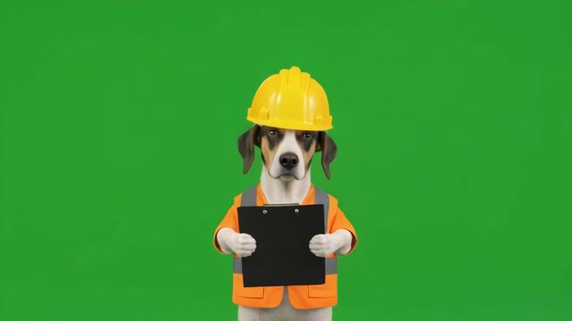 Border Collie construction worker dog with clipboard on green screen with cinematic motion