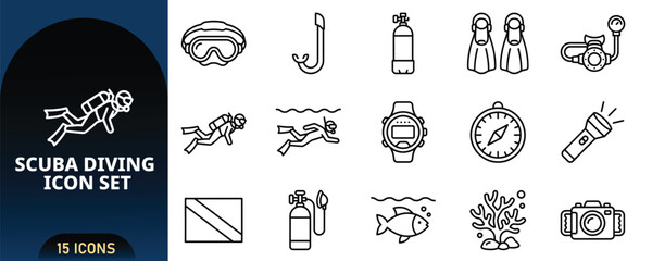 Scuba Diving Line Icon Set with Mask Snorkel Oxygen Tank Fins Regulator Diver Watch Compass Flashlight Flag Coral Underwater Camera Vector Icons Pack © JK