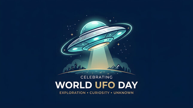 Celebrating World UFO Day Banner with Glowing Alien Flying Saucer Beaming Light Over City Skyline