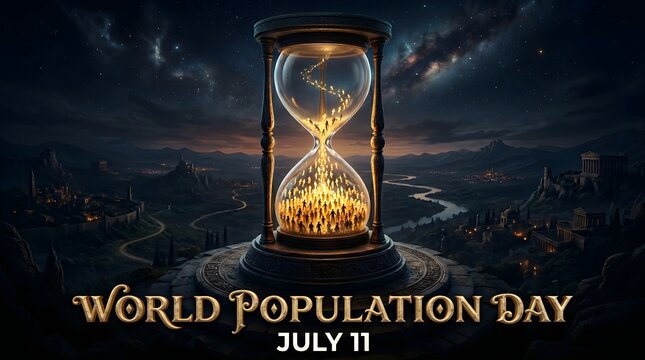 World Population Day, hourglass, cityscape, July 11, population growth