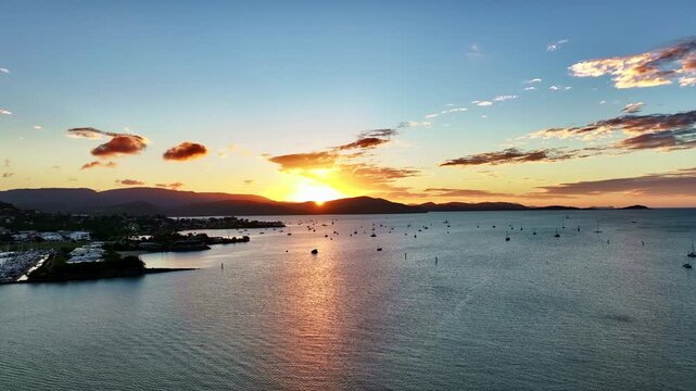 Spectacular aerial sunset of Airlie Beach Whitsundays Queensland Australia