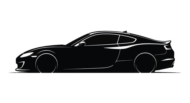 Minimalist black silhouette vector of a modern sporty coupe car shown from a side profile view on a white background, featuring sleek aerodynamic lines and a low-slung chassis design.