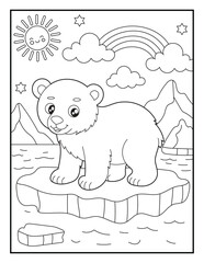 Happy Polar Bear Cub on Ice Floe Coloring Sheet for Children. Printable Winter Wildlife Coloring Book Page © laky