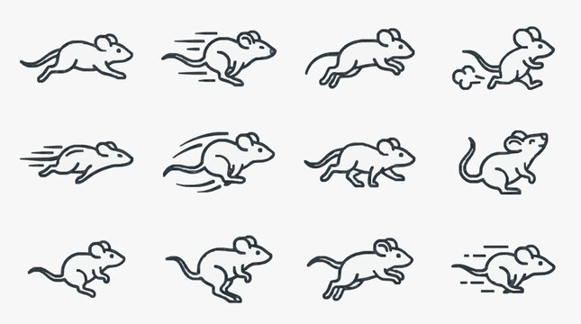 Professional Black and White Line Drawing Animation Sequence of a Mouse Running in Various Dynamic Poses