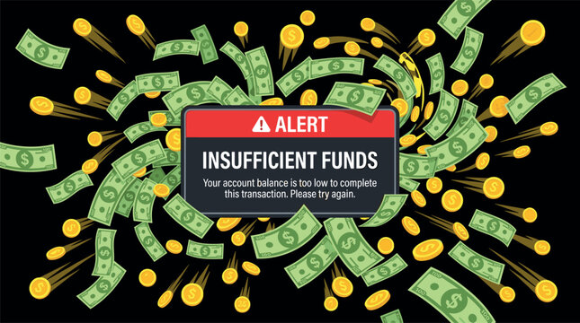 Insufficient funds alert window vector concept illustration featuring financial transaction error message box with flying cash banknotes and dropping gold coins (22 words)