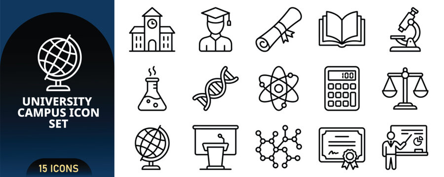 University Campus Line Icon Set with Building Student Graduate Scroll Open Book Microscope Flask DNA Atom Calculator Balance Scale Globe Lecture Vector