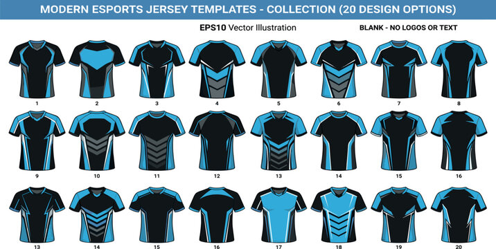 Modern esports jersey template collection featuring black and blue athletic t-shirt mockups with dynamic geometric patterns for gaming apparel vector designs (22 words)