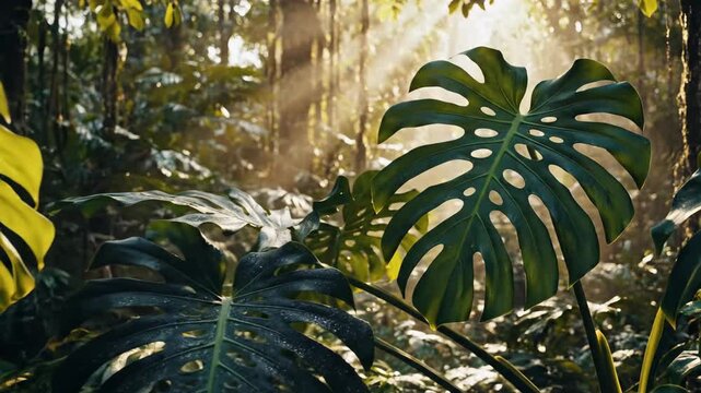 Luxury jungle wallpaper featuring large Monstera leaves with sunlight filtering through trees in a dense, tropical forest