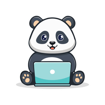 Cute cartoon panda using a laptop