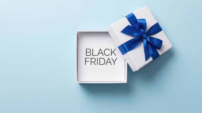 Open gift box with blue silk ribbon on light blue background with black friday text inside square empty space.