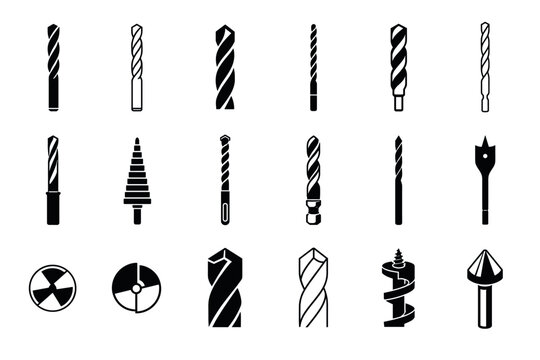 Drill bits vector icons set for drilling and construction work featuring twist, step, spade, masonry, countersink, and auger types for carpentry and metalworking projects