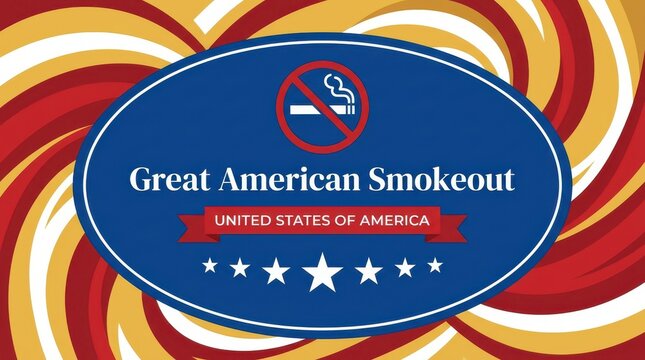 Patriotic great american smokeout oval badge with starry border on red and yellow swirl background design art.